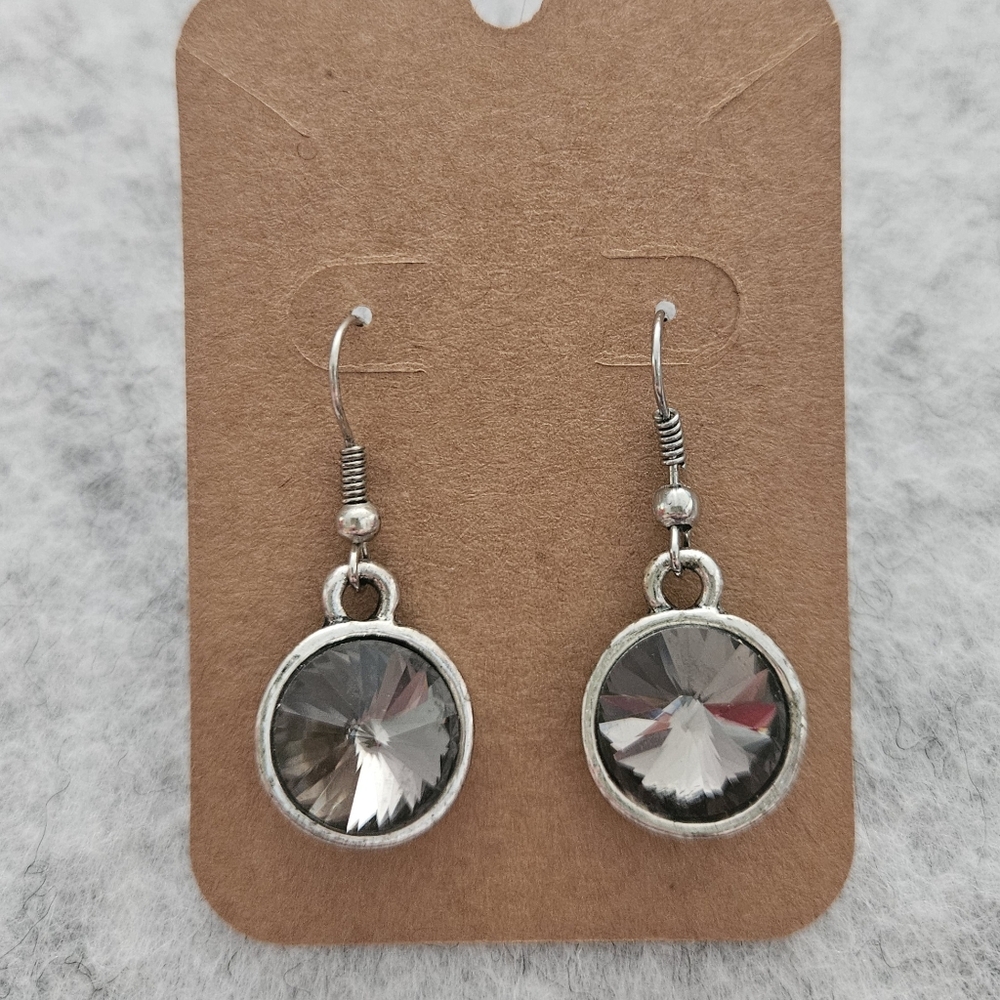Silver Tone Gray Rhinestone Circle Dangle Earrings